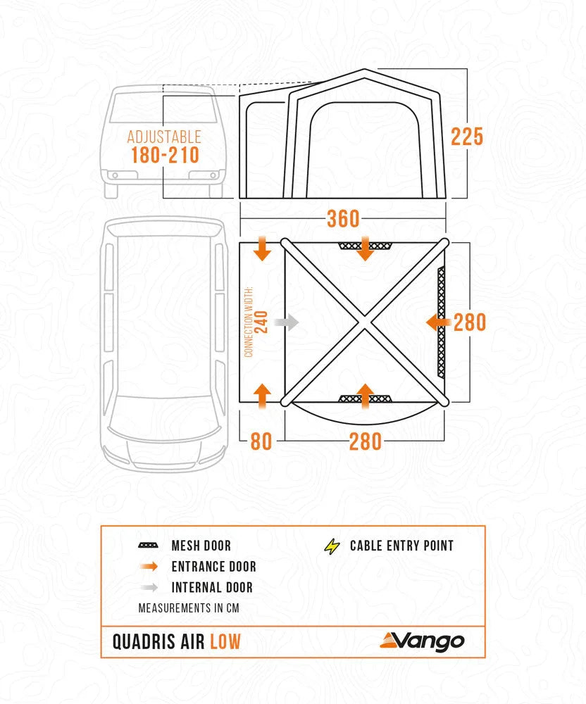 Vango Quadris Air Low awning dimensions diagram with mesh door, entrance, and cable entry point for caravans