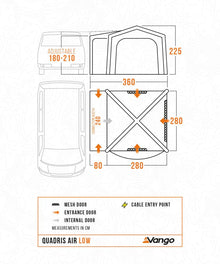 Vango Quadris Air Low awning dimensions diagram with mesh door, entrance, and cable entry point for caravans
