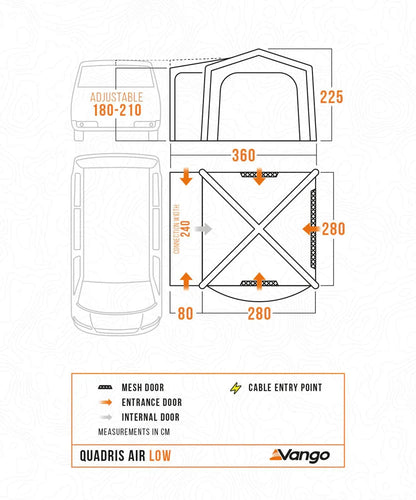Vango Quadris Air Low awning dimensions diagram with mesh door, entrance, and cable entry point for caravans