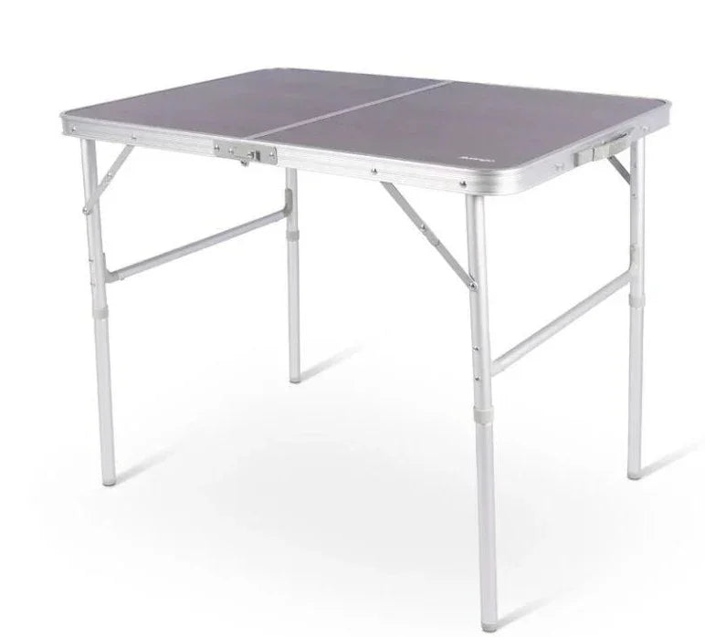 Portable folding camping table with aluminum frame and gray tabletop for outdoor adventures