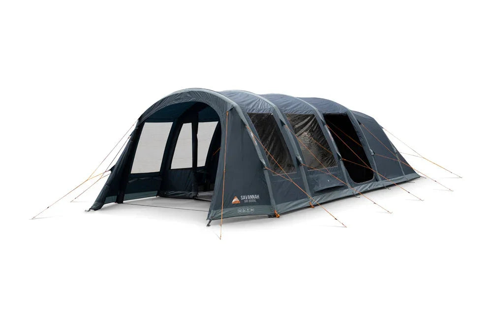 Camping tent with attached porch on a white background