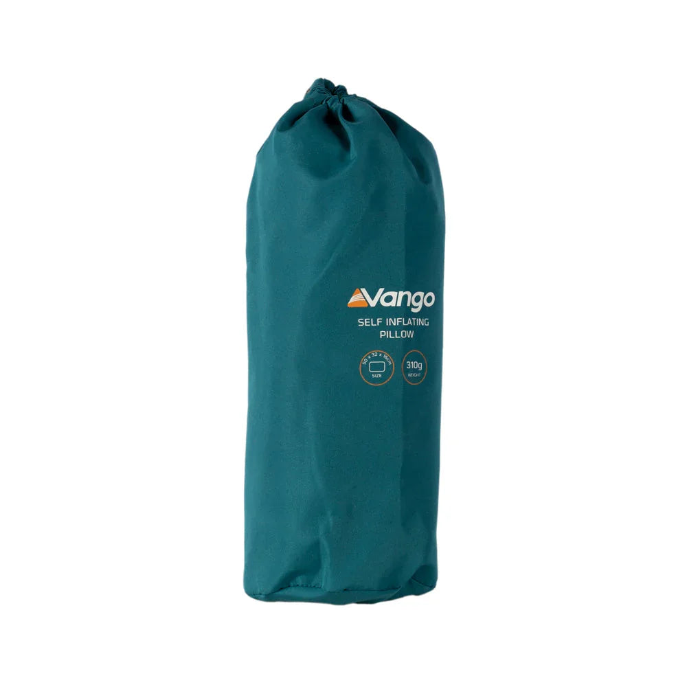 Vango self-inflating pillow in teal carry bag, ideal for camping and outdoor adventures