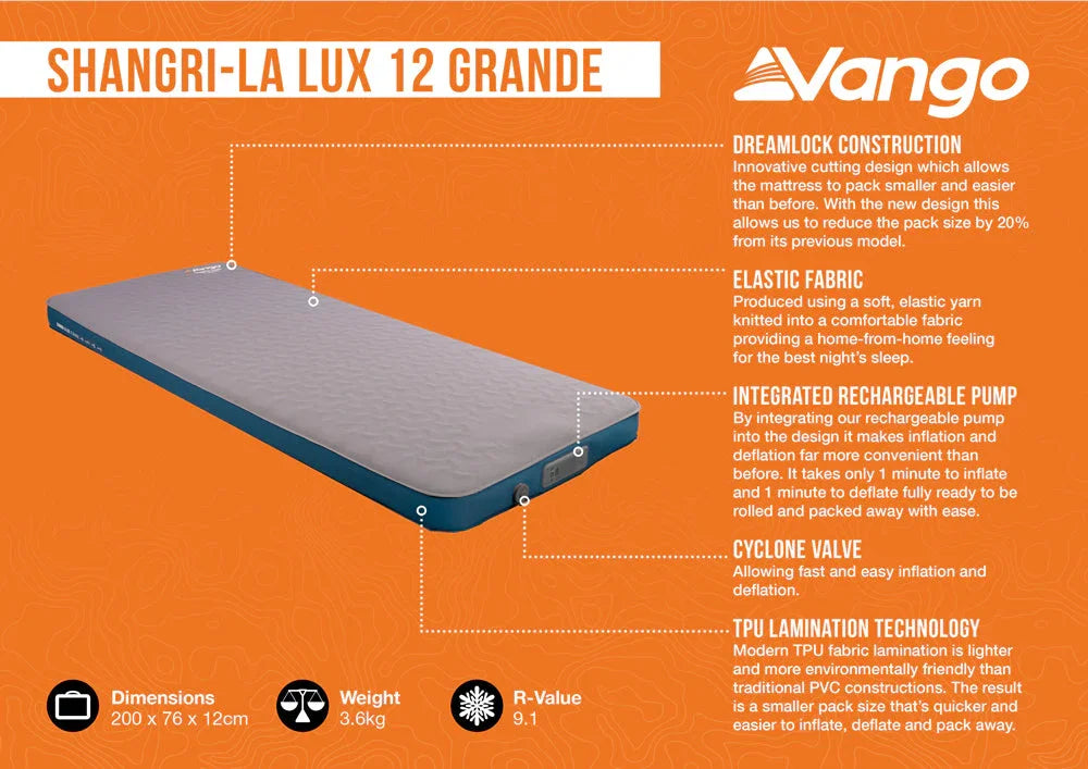 Vango Shangri-La Lux 12 Grande inflatable camping mattress with integrated pump, elastic fabric, and TPU lamination for outdoor adventures