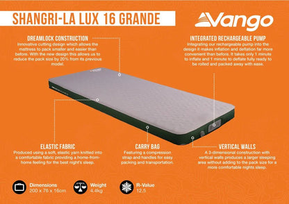 Vango Shangri-La Lux 16 Grande inflatable camping mattress with integrated pump, elastic fabric, and carry bag