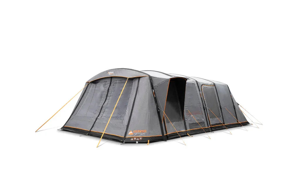 Large grey family camping tent with orange trim, multiple rooms, and mesh windows for outdoor adventures