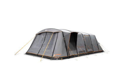 Large grey family camping tent with orange trim, multiple rooms, and mesh windows for outdoor adventures