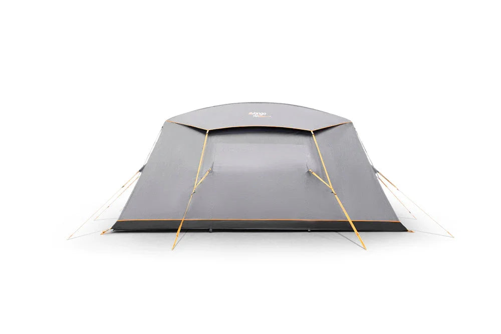 Grey camping tent with orange poles, ideal for outdoor adventures and caravanning trips