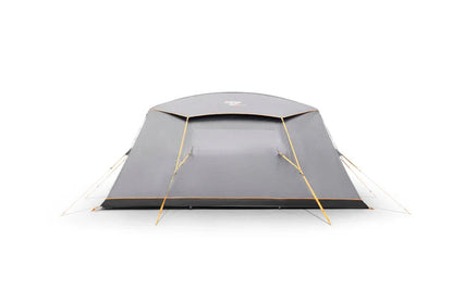 Grey camping tent with orange poles, ideal for outdoor adventures and caravanning trips