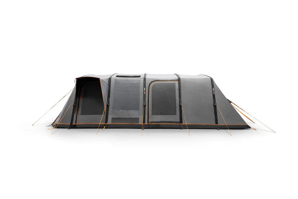 Large family camping tent with multiple rooms and orange trim, ideal for outdoor adventures and caravanning trips.