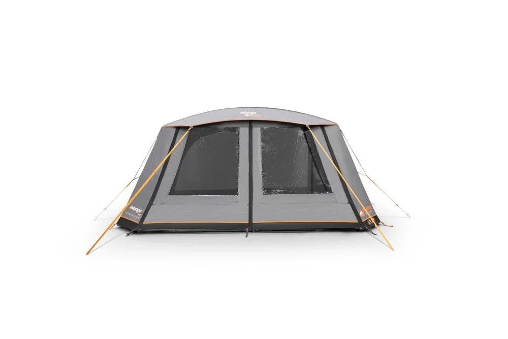 Gray camping tent with orange accents and mesh windows for outdoor adventures