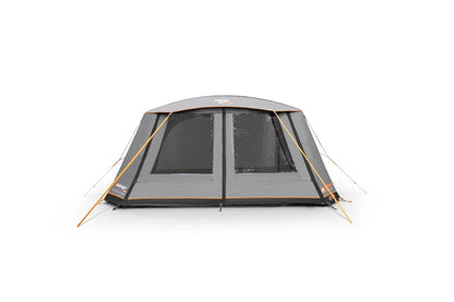 Gray camping tent with orange accents and mesh windows for outdoor adventures