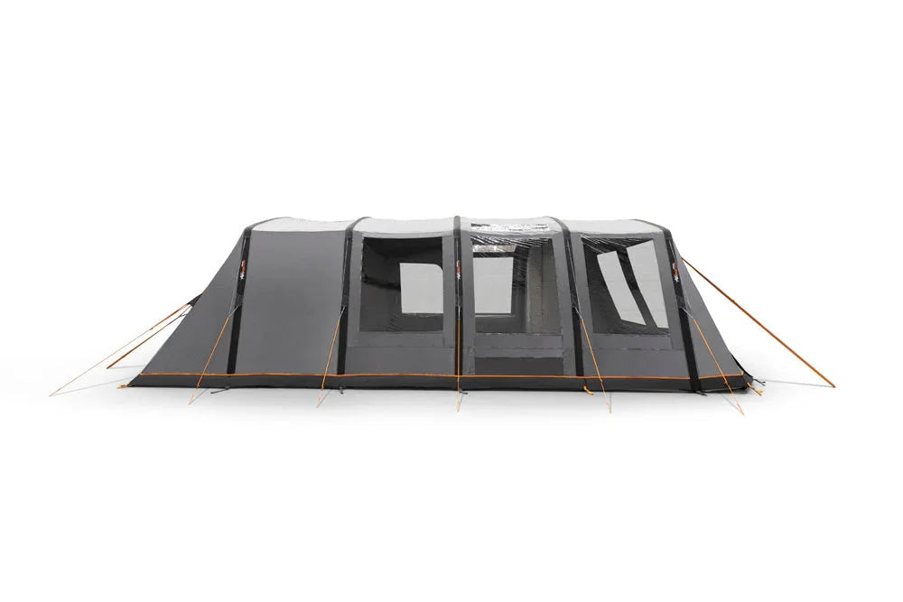 Large grey family camping tent with multiple rooms and orange accents, ideal for outdoor adventures