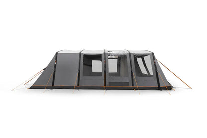 Large grey family camping tent with multiple rooms and orange accents, ideal for outdoor adventures