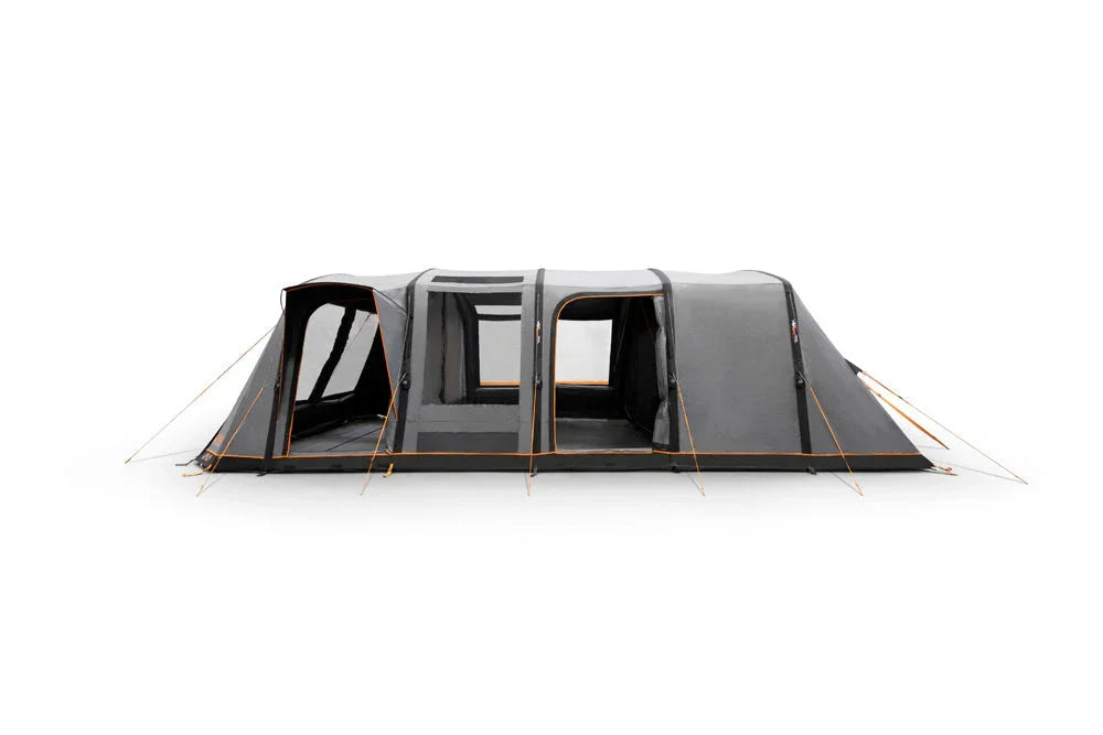Large family camping tent with multiple rooms, mesh windows, and orange trim for outdoor adventures