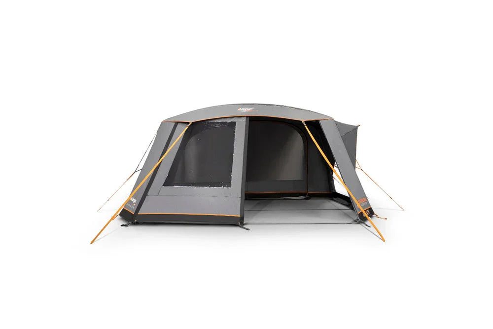 Grey and orange camping tent with large mesh windows and entrance, ideal for outdoor adventures and caravanning.