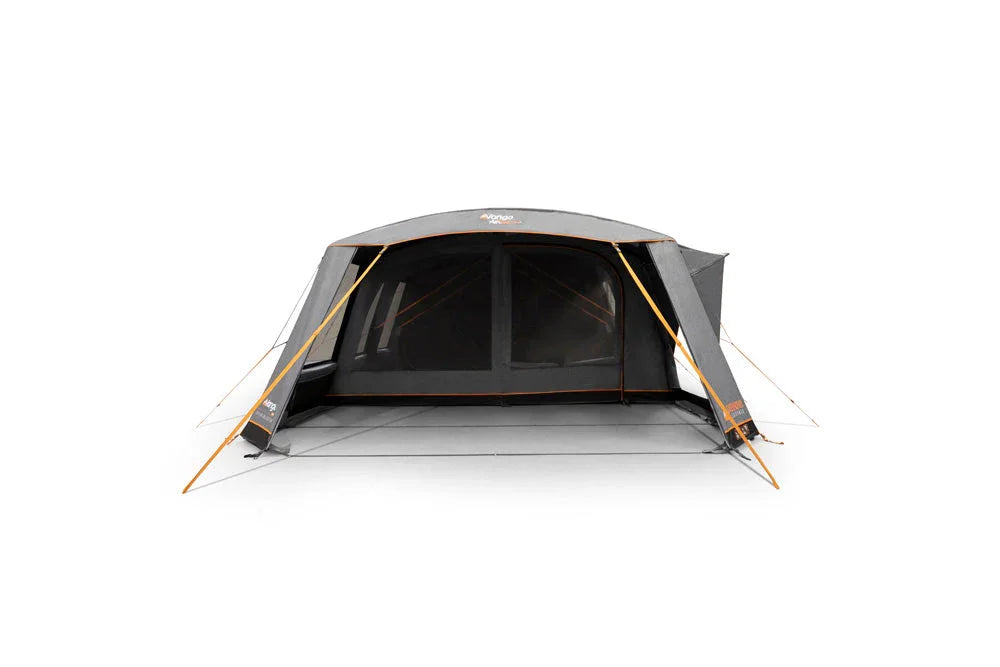 Vango caravan awning with mesh windows and orange trim, ideal for camping and outdoor adventures