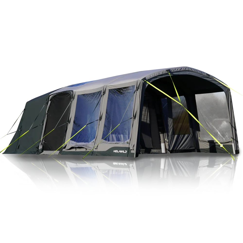 Holawild caravan awning with large windows and yellow guy lines for camping adventures