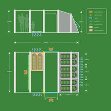 Caravan awning layout with dimensions, sleeping areas, electric access, and air vents for outdoor camping gear.
