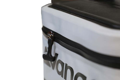 Close-up of a white cooler bag with a black zipper and 'Jansport' branding.