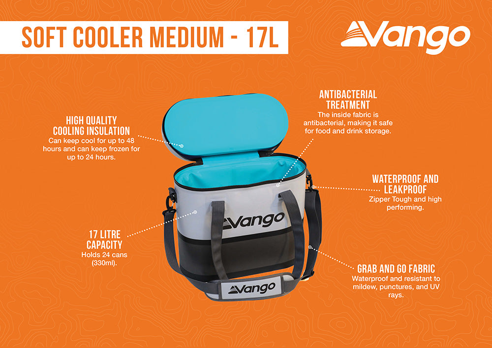Vango soft cooler medium 17L on an orange background with product features highlighted.