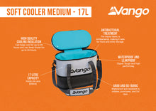 Vango soft cooler medium 17L on an orange background with product features highlighted.