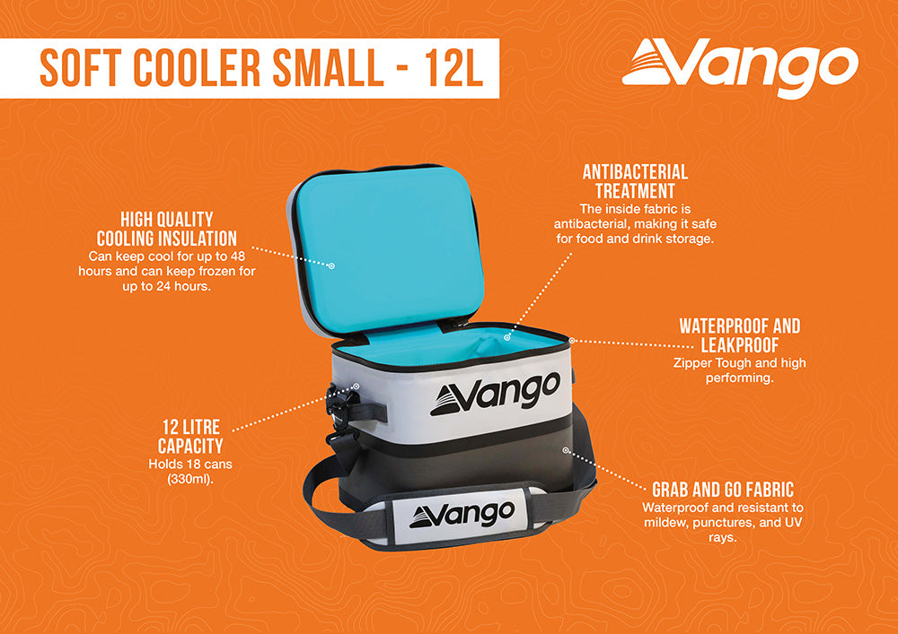 Vango soft cooler small 12L on an orange background with product features highlighted.