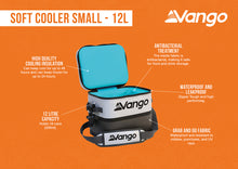 Vango soft cooler small 12L on an orange background with product features highlighted.