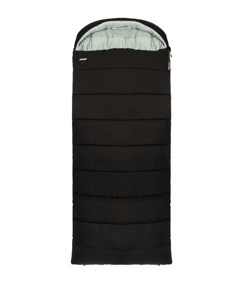 Black Marmot sleeping bag with light green interior, ideal for camping and outdoor adventures.