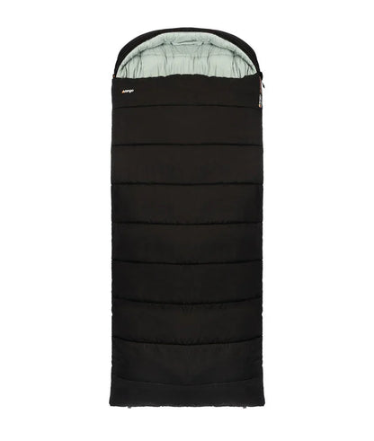 Black Marmot sleeping bag with light green interior, ideal for camping and outdoor adventures.