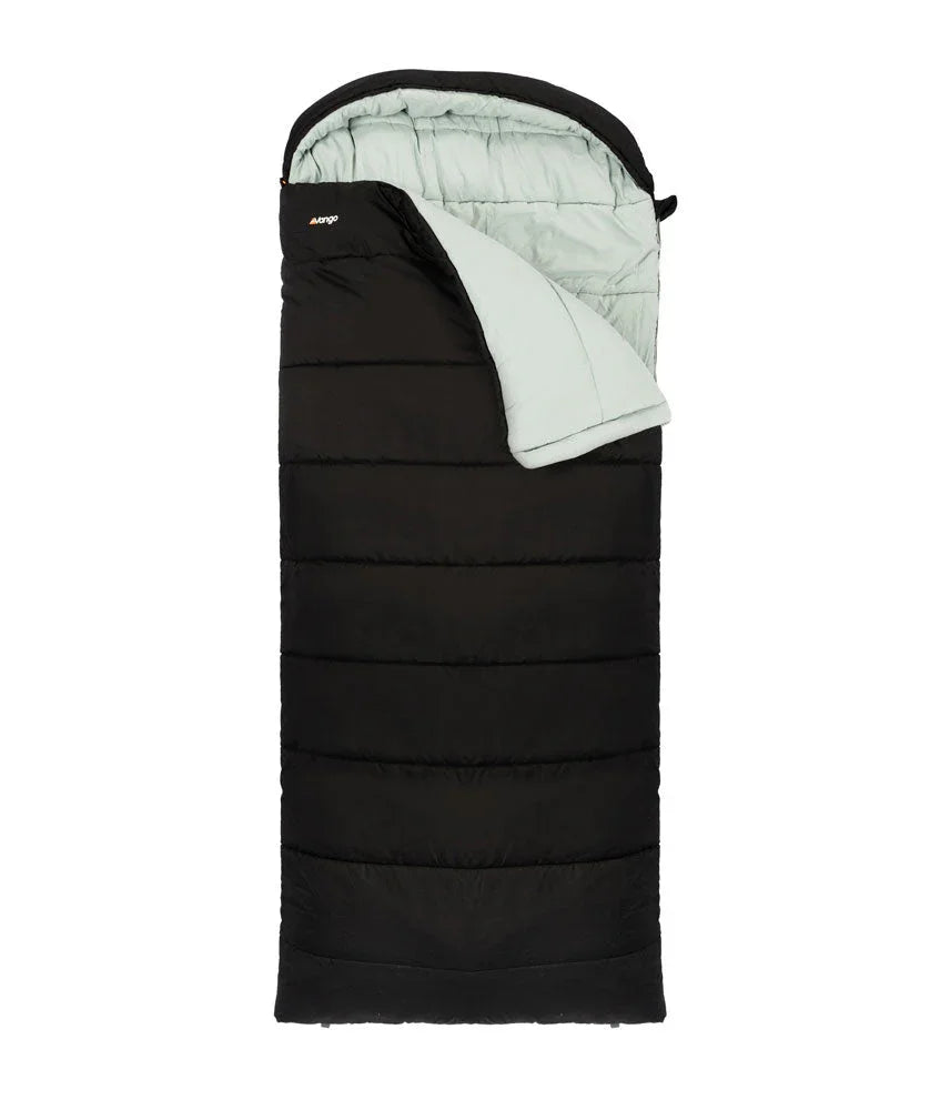Black Marmot sleeping bag with light interior, ideal for camping and outdoor adventures