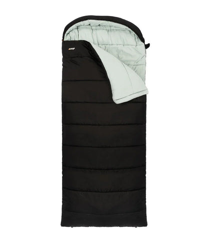 Black Marmot sleeping bag with light interior, ideal for camping and outdoor adventures