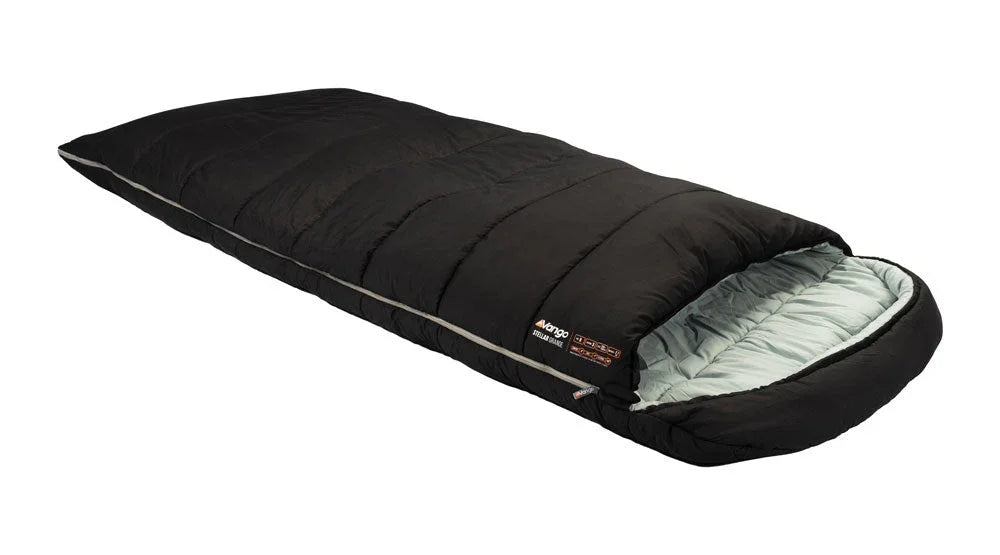 Black Vango Stellar 200 sleeping bag with grey interior, ideal for camping and outdoor adventures
