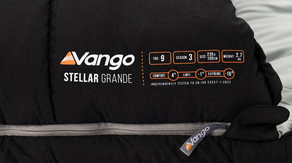 Vango Stellar Grande sleeping bag with temperature ratings and specs for camping adventures