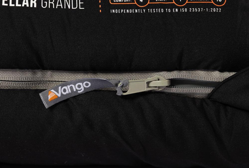 Vango Stellar Grande sleeping bag zipper detail, black fabric with comfort rating label