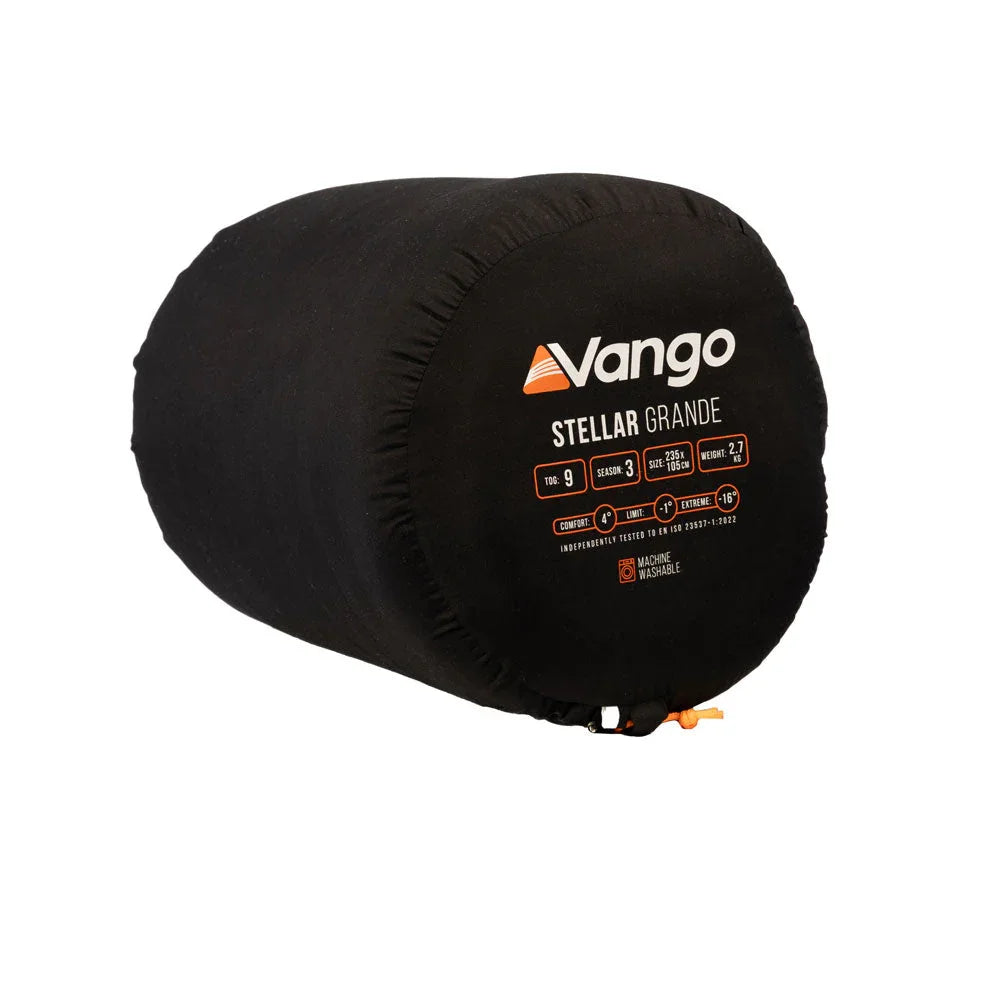 Vango Stellar Grande sleeping bag in black compression sack, ideal for 3-season camping adventures