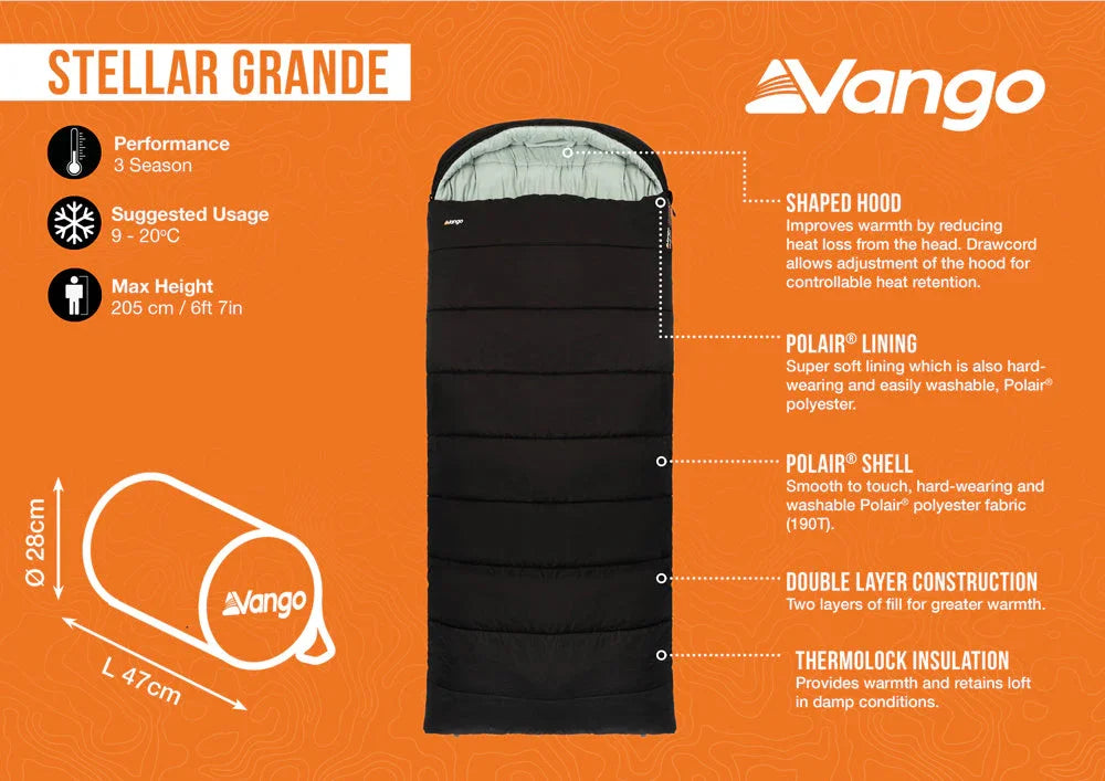 Vango Stellar Grande 3-season sleeping bag with Polair lining and thermolock insulation for camping