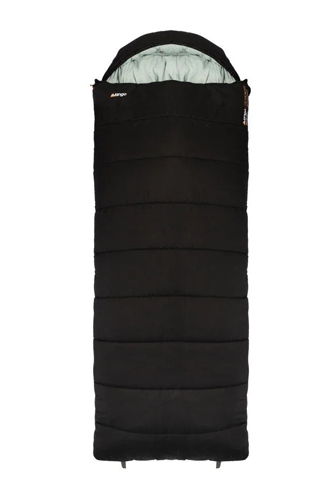 Black Vango sleeping bag with quilted design and light interior, ideal for camping adventures.