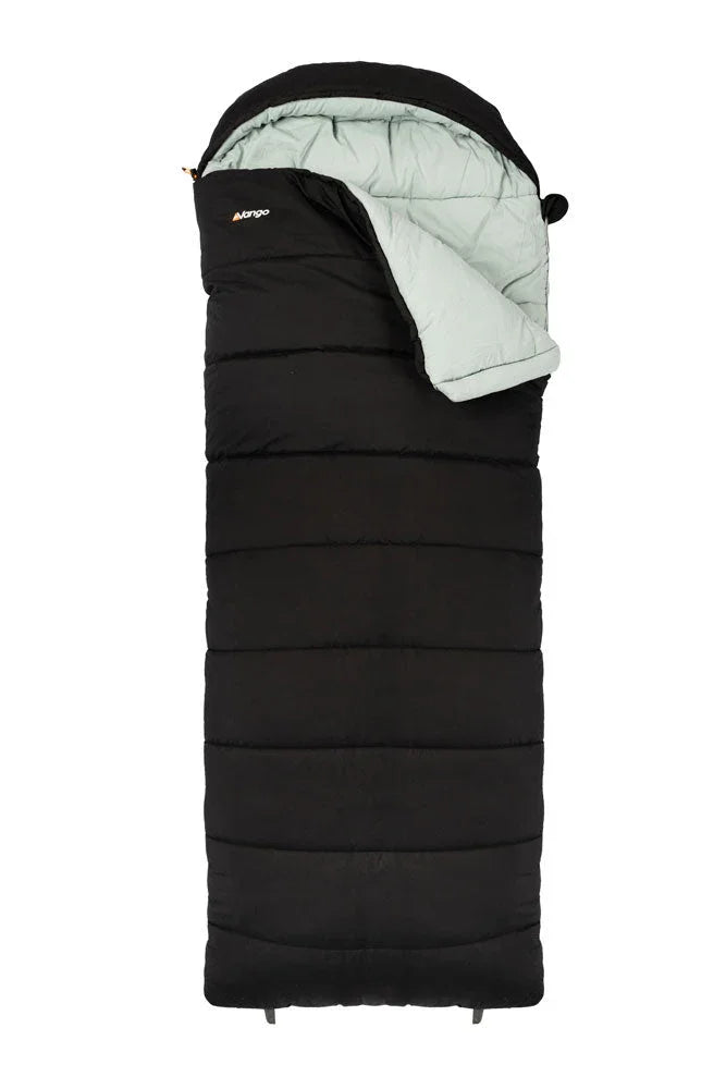 Black Mango sleeping bag with light green interior, ideal for camping and outdoor adventures