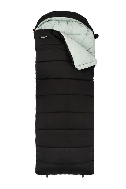 Black Mango sleeping bag with light green interior, ideal for camping and outdoor adventures