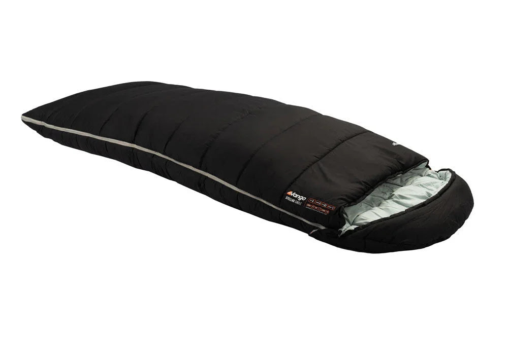 Black camping sleeping bag with gray lining, ideal for outdoor adventures and caravanning trips.