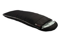Black camping sleeping bag with gray lining, ideal for outdoor adventures and caravanning trips.