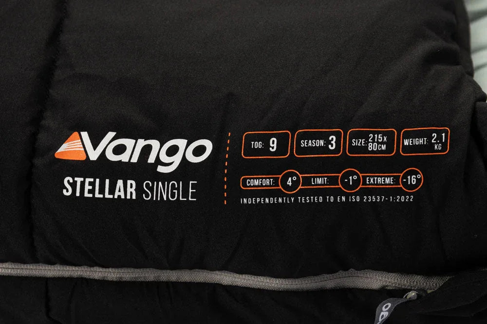 Vango Stellar Single sleeping bag with temperature ratings and specs for camping adventures