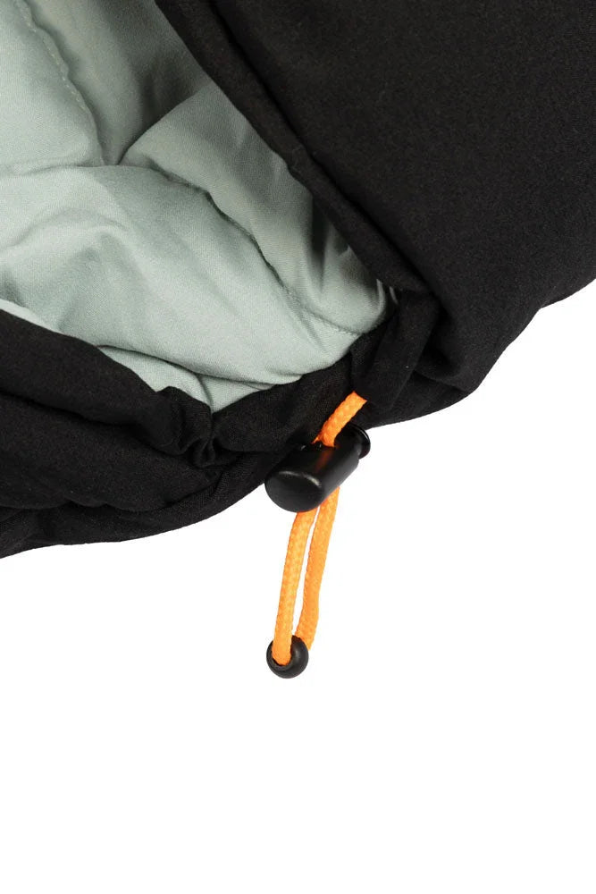 Black sleeping bag with orange drawstring and light green interior lining
