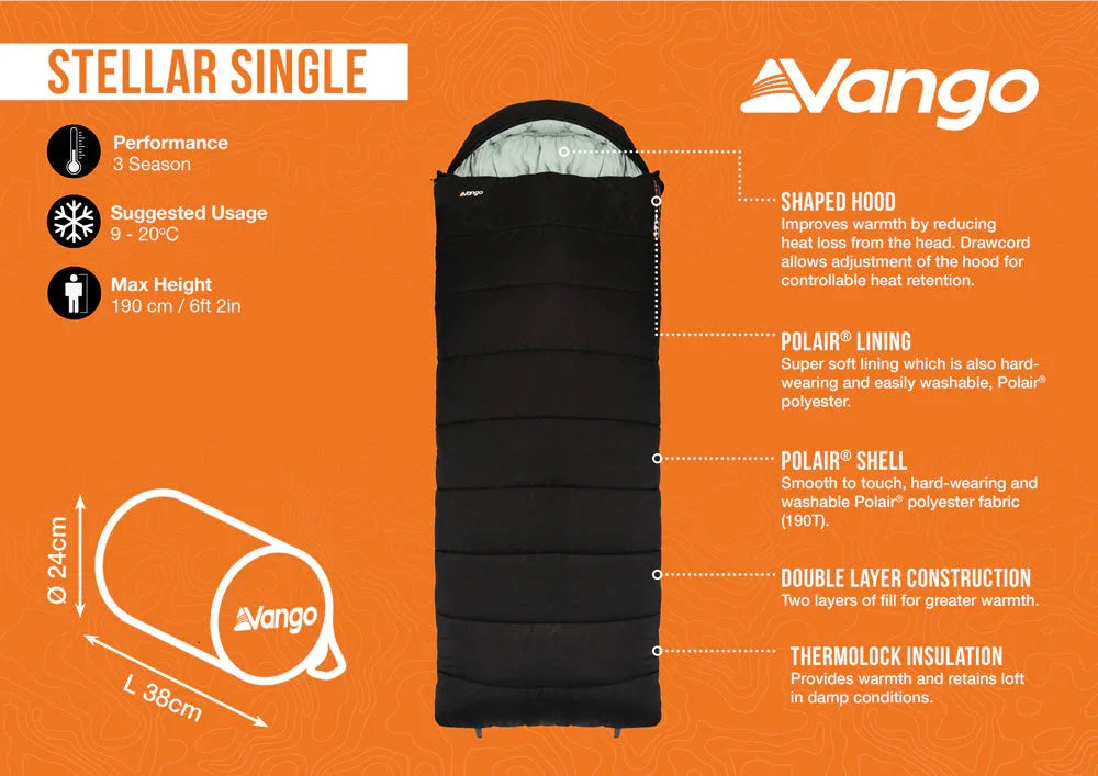 Vango Stellar Single sleeping bag with Polair lining and thermolock insulation for 3-season camping