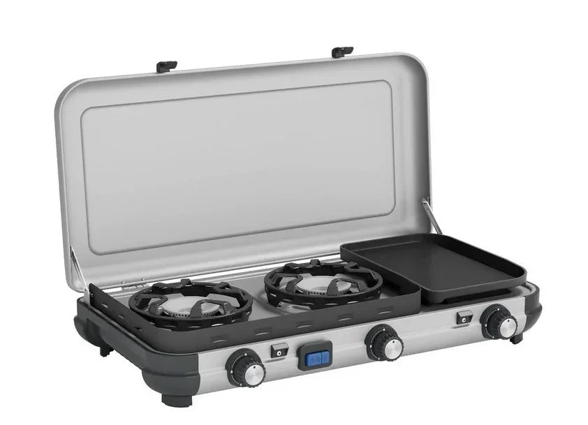 Portable 2-burner camping stove with griddle, ideal for outdoor cooking and caravanning adventures