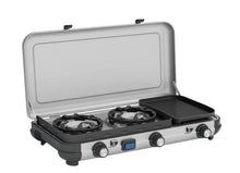 Portable 2-burner camping stove with griddle, ideal for outdoor cooking and caravanning adventures