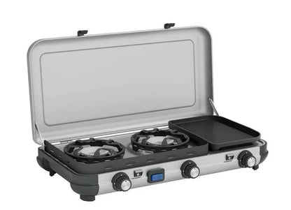 Portable 2-burner camping stove with griddle, ideal for outdoor cooking and caravanning adventures