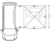 Motorhome awning setup diagram showing 260cm connection width and 300cm height for outdoor camping use
