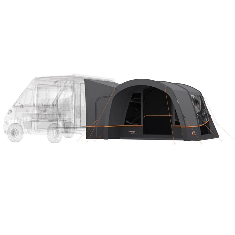 Motorhome awning with orange trim attached to van, ideal for camping adventures