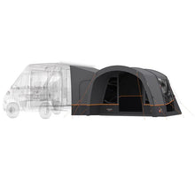 Motorhome awning with orange trim attached to van, ideal for camping adventures